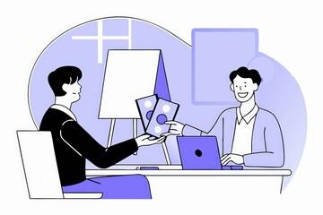 Poster -  Two individuals engage in a financial transaction, exchanging cash while seated at a laptop, in a minimalist, modern illustration.