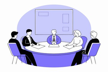 Poster - A group of five people is seated around a circular table in a meeting room, engaged in a discussion or presentation.