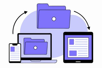 Poster - A digital illustration showing a laptop, tablet, and smartphone exchanging files represented by folders and arrows in a purple theme.