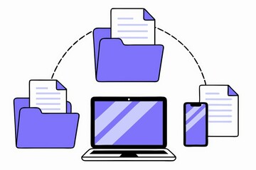 Poster - A digital illustration showing a laptop, smartphone, and folders, symbolizing file sharing and organization across devices.