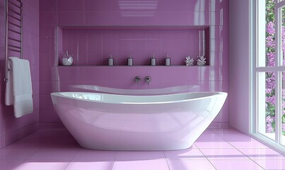 Poster - A light purple butterfly bathroom with a white bathtub in the middle.