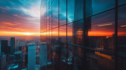 Poster - A glass skyscraper reflecting an incredible sunset skyline