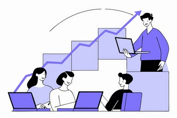 Poster - A graphic representation of a business meeting where a presenter shares insights with an audience, illustrating growth through a rising graph.