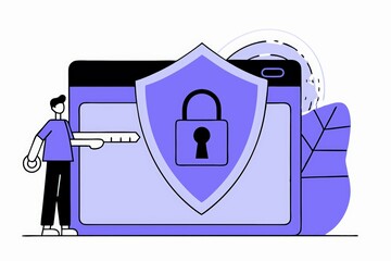 Poster - A digital illustration depicting a person with a key, securing a locked screen on a device, emphasizing online security and protection.