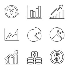 Aufkleber - Vector illustration depicting various financial icons including graphs, pie charts, and currency symbols for business and economic analysis