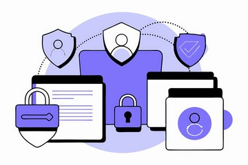 Poster - A digital illustration showing secure data management, featuring shields, locks, and user icons in a purple color scheme.