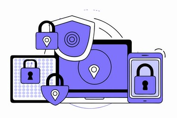 Poster - A digital illustration featuring devices secured with locks, emphasizing cybersecurity and data protection in a modern, tech-driven environment.