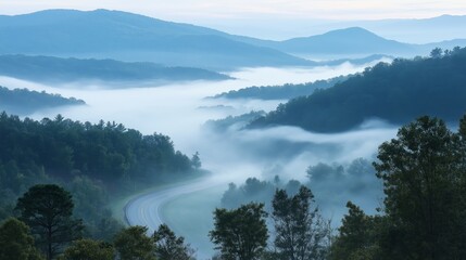 Poster - A foggy mountain pass with a winding road disappearing into the mist.