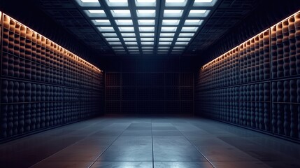 Leinwandbilder - A small, empty studio or rehearsal room, clean and well-maintained, The walls are covered in warm dark-colored, sound-absorbing material, resembling acoustic foam or dense fabric.
