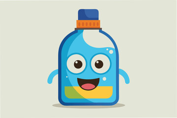 Poster - Happy cartoon bottle character with expressive eyes and cheerful smile, standing against a bright yellow background, showcasing clean and fun design elements