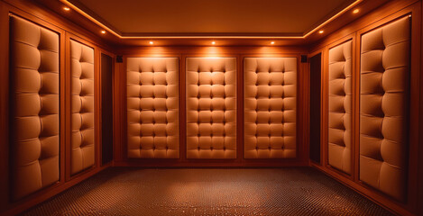 Leinwandbilder - A small, empty studio or rehearsal room, clean and well-maintained, The walls are covered in warm dark-colored, sound-absorbing material, resembling acoustic foam or dense fabric.