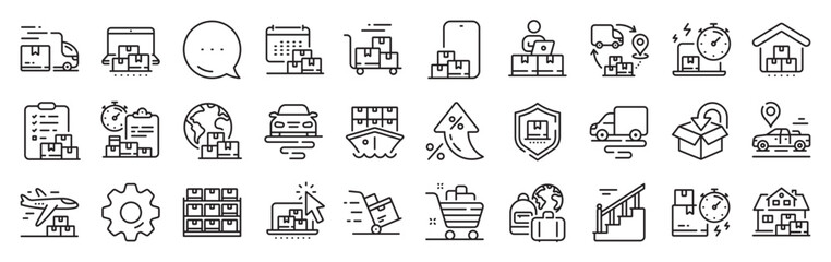 Poster - Delivery line icons. Settings gear, Message, Inflation icons. Return package, logistic service and delivery date set. Freight distribution, global export and courier truck line icons. Vector