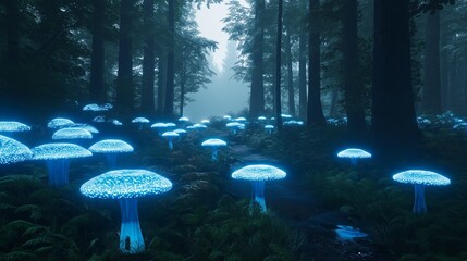 Poster - A fantasy-inspired forest with glowing blue mushrooms and mist
