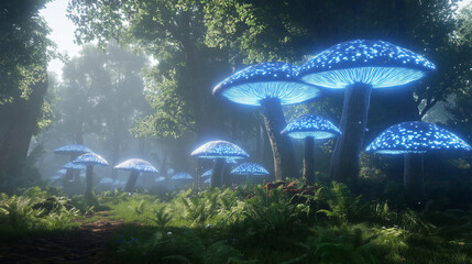 Poster - A fantasy-inspired forest with glowing blue mushrooms and mist
