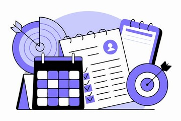 Poster - A digital illustration featuring a calendar, checklist, targets, and a notepad, emphasizing planning and organization in a minimalist style.