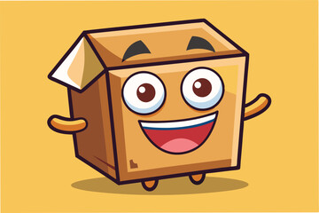 Poster - Happy cartoon character in a box with big eyes and a cheerful smile against a bright yellow background