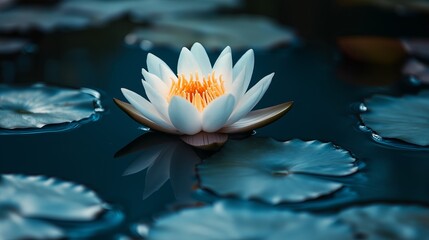 Poster - A delicate lotus floating peacefully on a deep blue pond