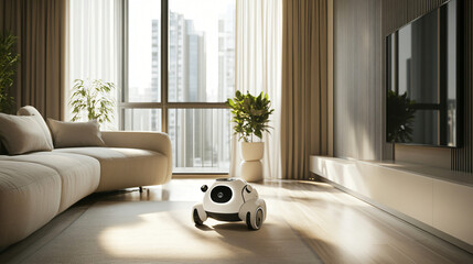 Aufkleber - Modern living room showcasing an ai-driven robotic pet walking assistant in a sleek design with stylish decor