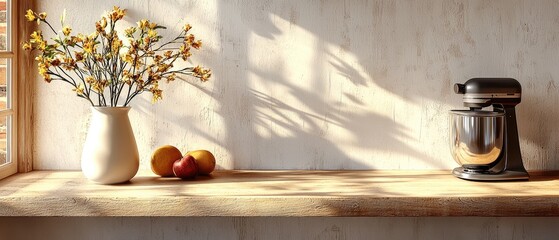 Aufkleber - A juicer is placed on a light colored wooden countertop in an elegant kitchen, leaning against a clean wall with ample space.