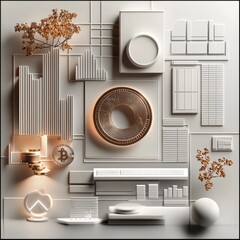 Fototapete - A sleek 3D-rendered composition representing diverse asset categories in a minimalist and elegant style. a balanced, symmetrical arrangement of abstract icons representing key asset.