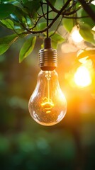Poster - Unique light bulb hanging from a tree branch representing creativity and innovative ideas in nature