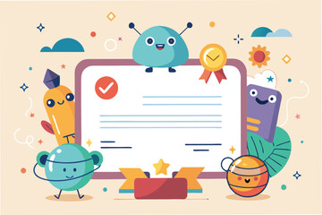 Aufkleber - Fun vector illustration of a cheerful certificate surrounded by playful characters and vibrant plants, creating a whimsical environment for learning and achievement