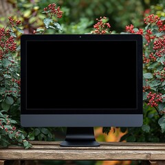 Poster - Computer screen displaying information on a wooden table surrounded by a cozy and inviting atmosphere