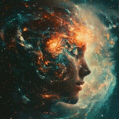 Poster - Woman's face against a stunning cosmic background filled with stars and nebulae in space