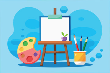 Poster - Colorful art supplies arranged near an easel with a blank canvas ready for creativity in a bright blue studio space