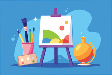 Aufkleber - Colorful art supplies arranged near an easel with a blank canvas ready for creativity in a bright blue studio space