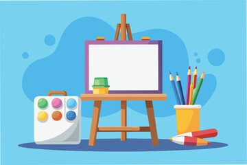 Aufkleber - Colorful art supplies arranged near an easel with a blank canvas ready for creativity in a bright blue studio space