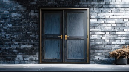 Fototapete - A door product display space, the door is a dark gray double door, simple and elegant, with rich design lines, brass cast handle and delicate texture.