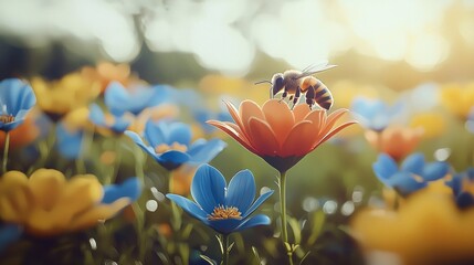 Poster - Close-up of bees collecting nectar from colorful flowers in a garden, blurred background.