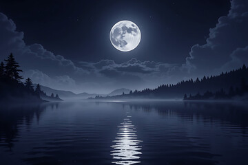 night landscape with moon scene depicts a serene lake with a large moon hanging low in sky casting a
