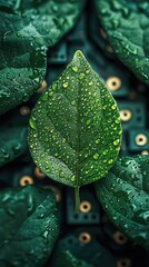 Poster - A fresh green leaf adorned with tiny water droplets glimmering in the soft morning light