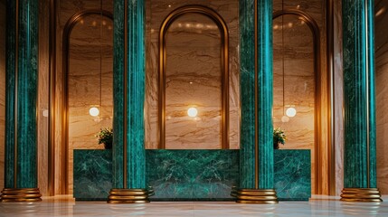 Poster - A luxury hotel front desk is made of emerald green marble and glass, surrounded by three vertical columns with brass details, creating an elegant atmosphere.
