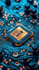 Poster - Detailed circuit board with prominent gold lock symbolizing security in technology and electronics