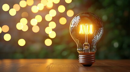 Poster - Bright light bulb positioned on a wooden table surrounded by soft natural lighting and shadows