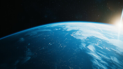 Poster - wide angle view from space shows Earth illuminated by sunlight, with vast expanse of blue oceans and white clouds under starry sky