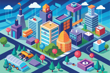 Poster - Urban landscape illustration featuring modern buildings, roads, trees, and various colorful structures in a vibrant city environment
