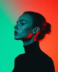 Poster - female model in profile with duotone effect, featuring vibrant red and green lighting, creating striking contrast. model hair is styled in bun, and she wears black turtleneck