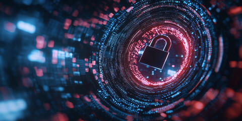 Poster - glowing lock icon is surrounded by flowing binary code, symbolizing digital security and data protection. vibrant colors and dynamic motion create futuristic and secure atmosphere