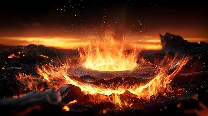 Wall Mural - A fiery eruption of lava bursts from the surrounding surface intensely