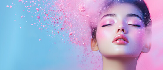 Aufkleber - serene woman with closed eyes is surrounded by dynamic splash of pink makeup powder, creating dreamy and ethereal atmosphere