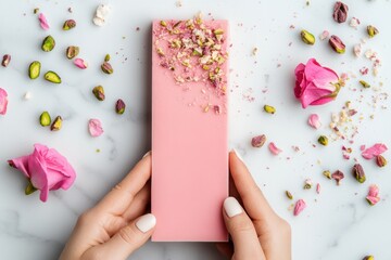 Aufkleber - Viral Pastel Confectionery Artisan Pink Chocolate Flatlay with Pistachios and Rose Petals - Millennial Aesthetic Food Design for Social Media Content Creation