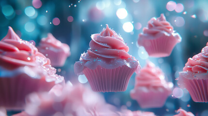 Aufkleber - whimsical scene of floating pink cupcakes in fantasy dessert forest, with sparkling sugar and dreamy atmosphere