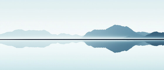 Aufkleber - tranquil lake with mirror like surface reflects distant mountains under clear sky, creating serene and peaceful landscape