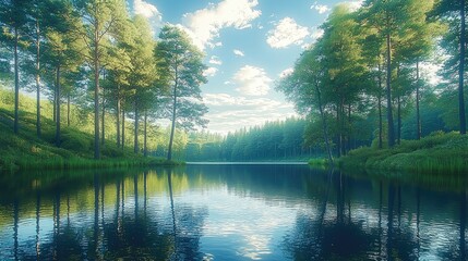 Poster - Tranquil lakeside, surrounded by lush green trees, tranquil water reflecting the sky.
