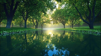 Poster - Tranquil lakeside, surrounded by lush green trees, tranquil water reflecting the sky.