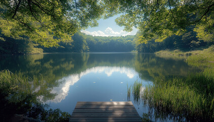 Poster - Tranquil lakeside, surrounded by lush green trees, tranquil water reflecting the sky.